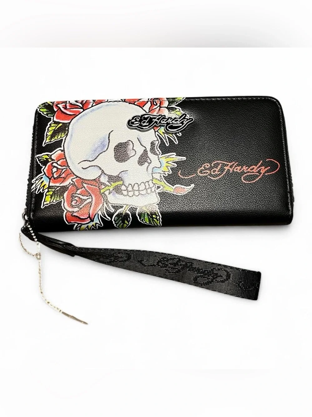 Ed Hardy Black Wallet with Skull & Red Rose Graphic